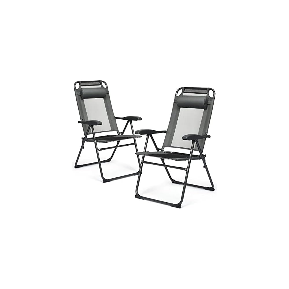 2 Piece Folding Chair Adjustable Recliner with Headrest Garden Gray