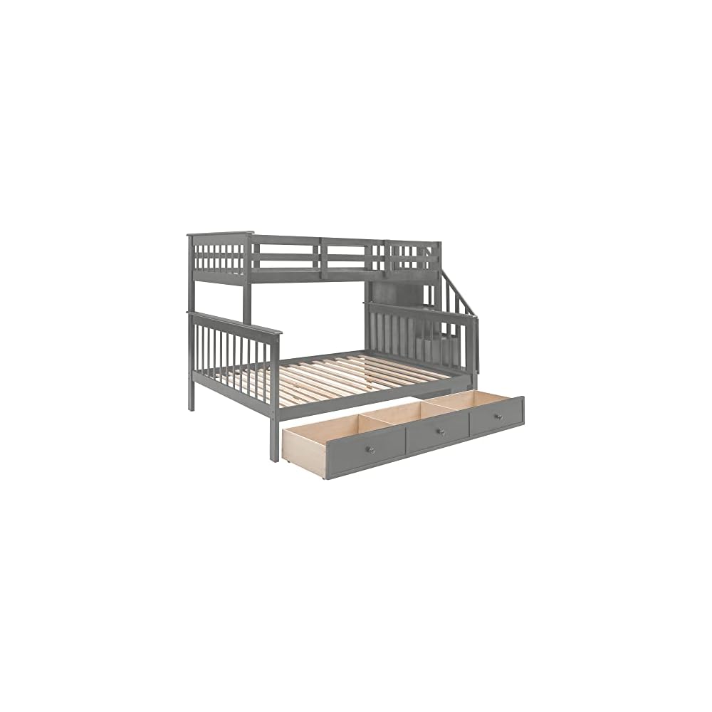 Harper & Bright Designs Wooden Bunk Bed Twin Over Full with Drawers and Storage Stairs, Stairway Bunk Bed with Full-Length Guardrails for Bedroom, Convertible to 2 Beds, No Box Spring Needed, Gray