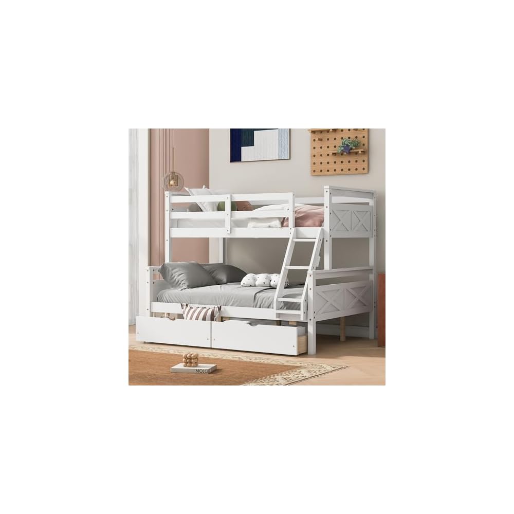 Merax Twin Over Full Bunk Bed with Two Storage Drawer, Removable Ladder and Safety Guardrail, Convertible to 2 Separated beds (White)