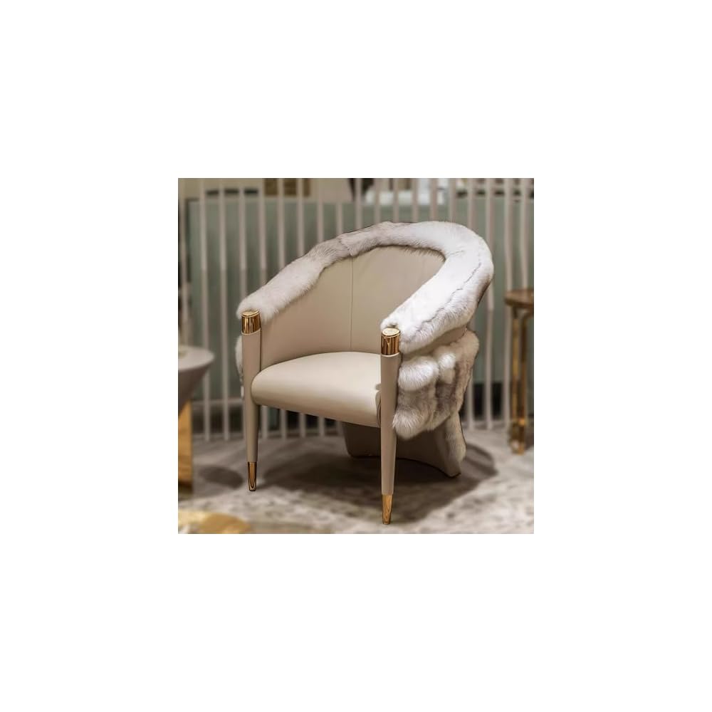 Luxury Faux Fur Accent Chair with Upholstered Leather Seat & Gold Metal Legs, Modern Dining Lounge Chair for Living Room, Bedroom, Vanity & Hotel Seating