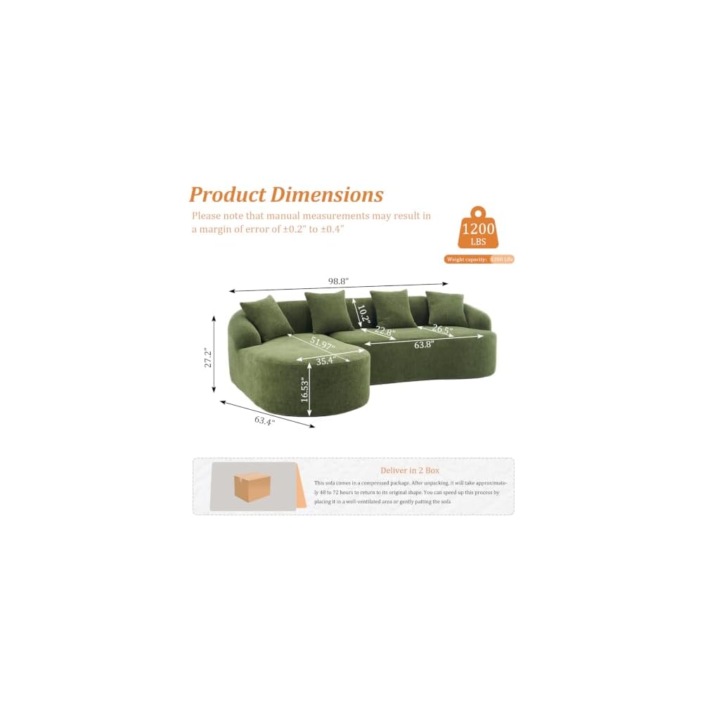 99" Boneless L Shaped Sectional Couch with Curved Backrest