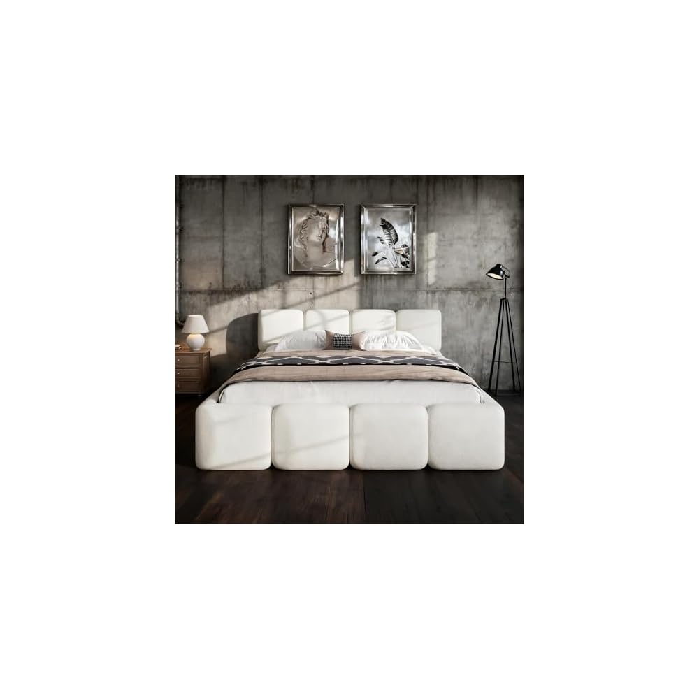 JIJIWANG King Size Platform Bed, Boucle Thick Headboard and Footboard, Upholstery Grounded Beds, Floor Bed Frame, Block Style, White