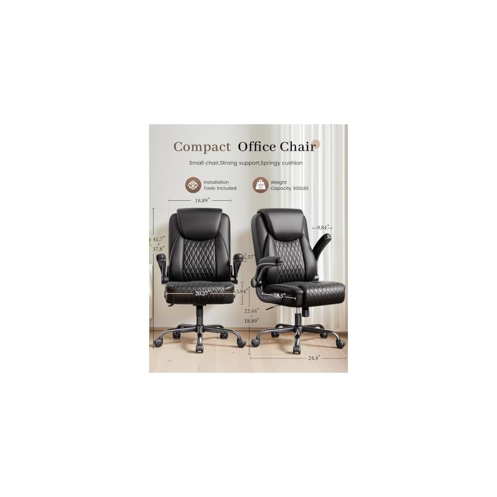 COMHOMA Mid-Back Office Chair, Ergonomic PU Desk Chair with Flip up Arms, Small Computer Gaming with Comfy Lumbar Support,Rocking Function,Sturdy Metal Base, Ink Black