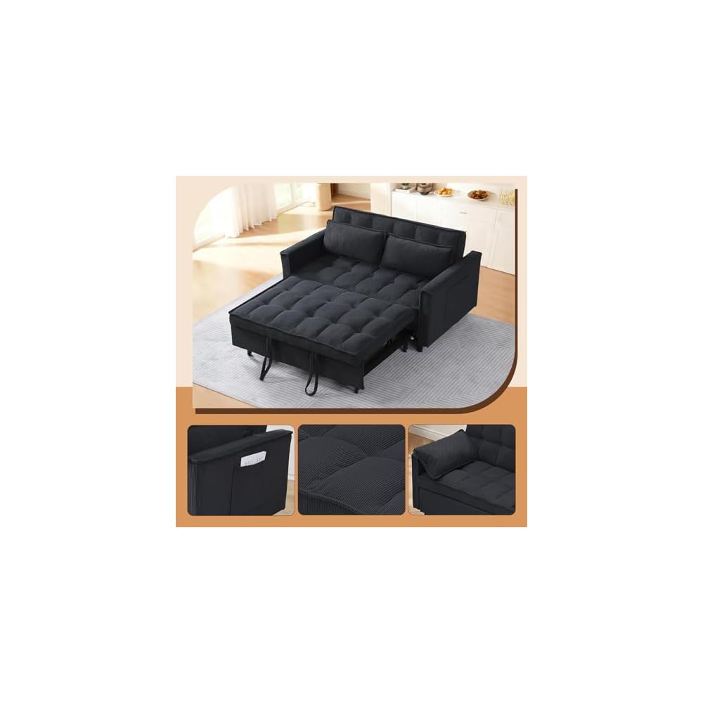Anwick 3 in 1 Convertible Sofa Bed, Pull Out Couch Bed with Reclining Backrest and 2 Pillows, 54" Full Size Loveseat Sleeper Sofa Futon Couches Bed for Small Spaces, Living Room (Corduroy, Dark Grey)