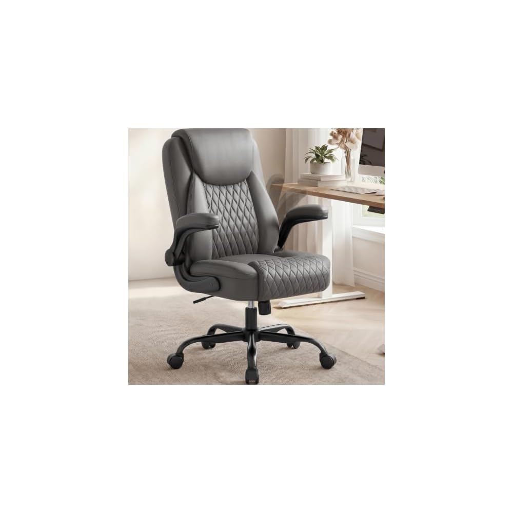 COMHOMA Mid-Back Office Chair, Ergonomic PU Desk Chair with Flip up Arms, Small Computer Gaming with Comfy Lumbar Support,Rocking Function,Sturdy Metal Base, Ink Black
