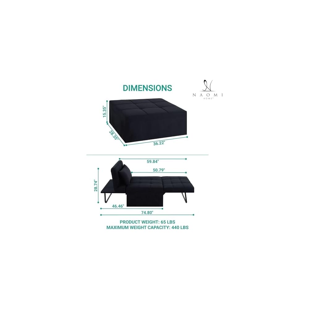 Naomi Home 4-in-1 Folding Chair Bed, Space-Saving Convertible Sleeper Sofa for Apartments & Guest Rooms, Adjustable Backrest, Linen Fabric, Includes Support Pillow in Black