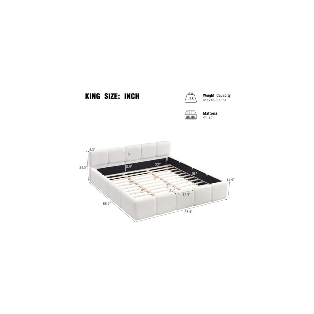 JIJIWANG King Size Platform Bed, Boucle Thick Headboard and Footboard, Upholstery Grounded Beds, Floor Bed Frame, Block Style, White
