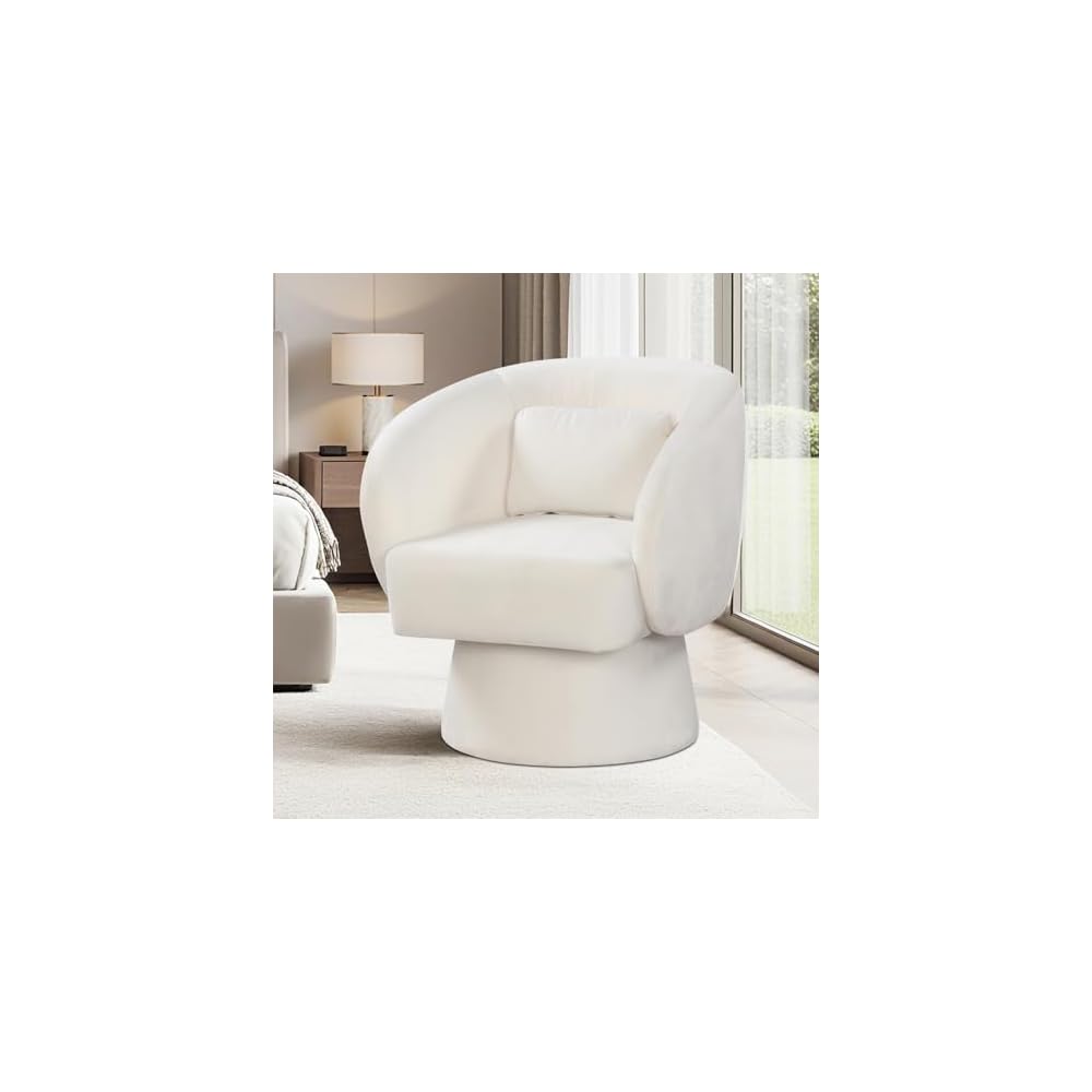 GIANTEX Swivel Accent Chair, Upholstered Barrel Chair with Curved Back & Removable Lumbar Pillow, Comfy Round Armchair with 360° Rotating Function, Single Sofa Chair for Living Room