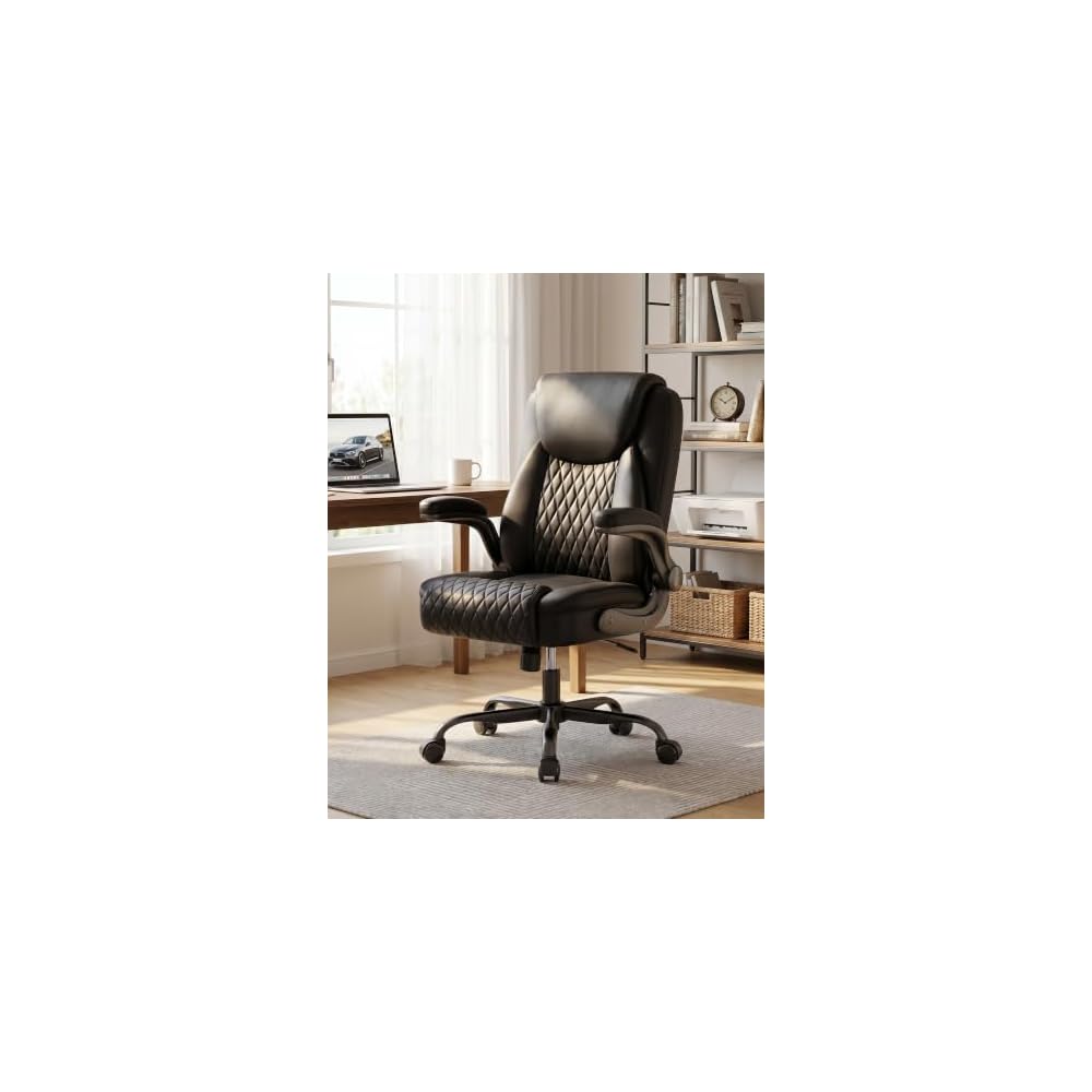 COMHOMA Mid-Back Office Chair, Ergonomic PU Desk Chair with Flip up Arms, Small Computer Gaming with Comfy Lumbar Support,Rocking Function,Sturdy Metal Base, Ink Black