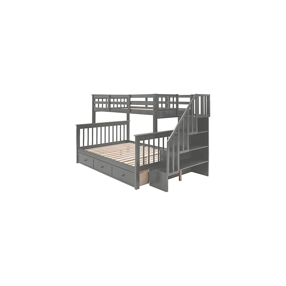 Harper & Bright Designs Wooden Bunk Bed Twin Over Full with Drawers and Storage Stairs, Stairway Bunk Bed with Full-Length Guardrails for Bedroom, Convertible to 2 Beds, No Box Spring Needed, Gray