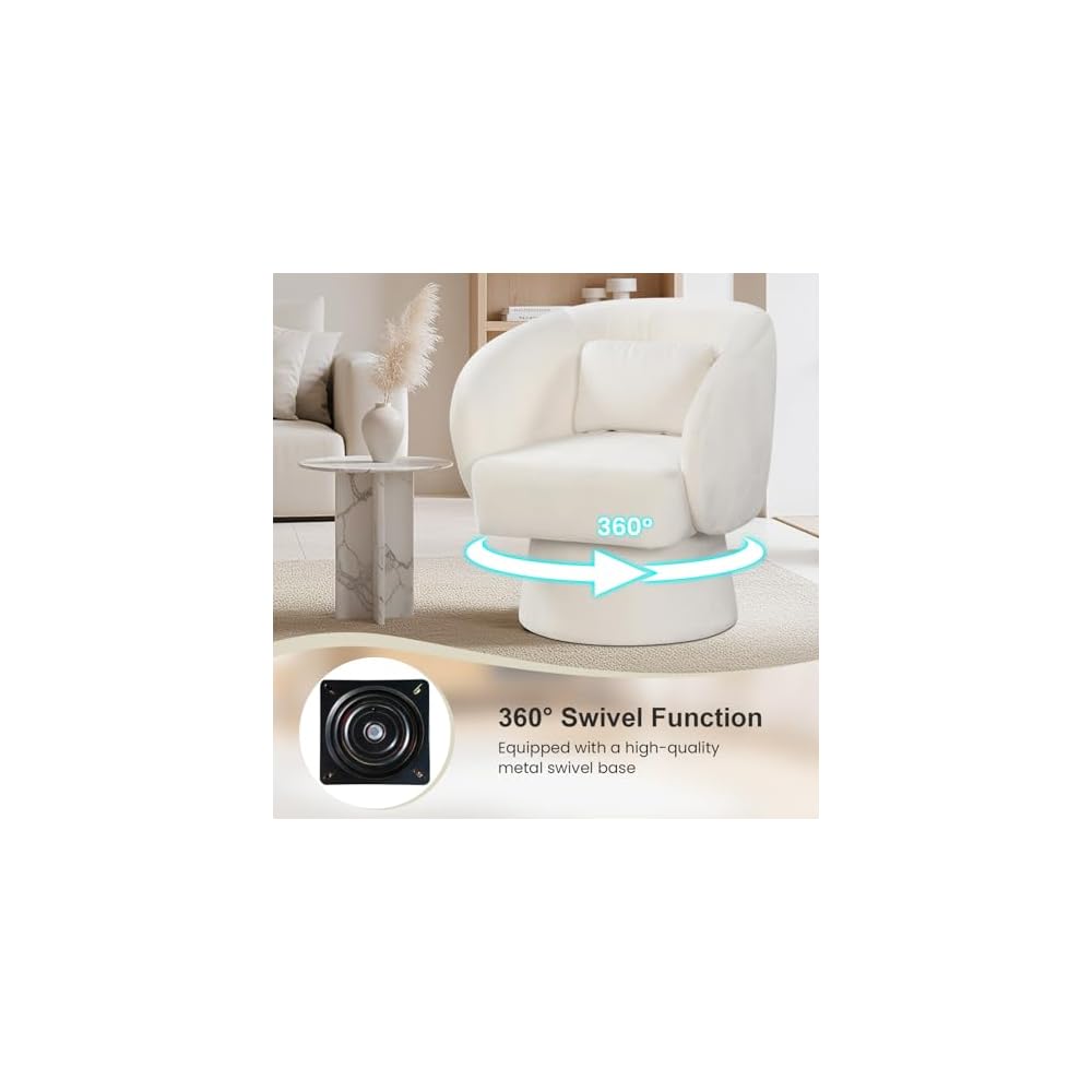 GIANTEX Swivel Accent Chair, Upholstered Barrel Chair with Curved Back & Removable Lumbar Pillow, Comfy Round Armchair with 360° Rotating Function, Single Sofa Chair for Living Room