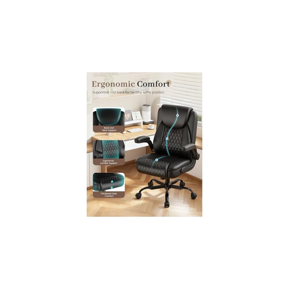 COMHOMA Mid-Back Office Chair, Ergonomic PU Desk Chair with Flip up Arms, Small Computer Gaming with Comfy Lumbar Support,Rocking Function,Sturdy Metal Base, Ink Black