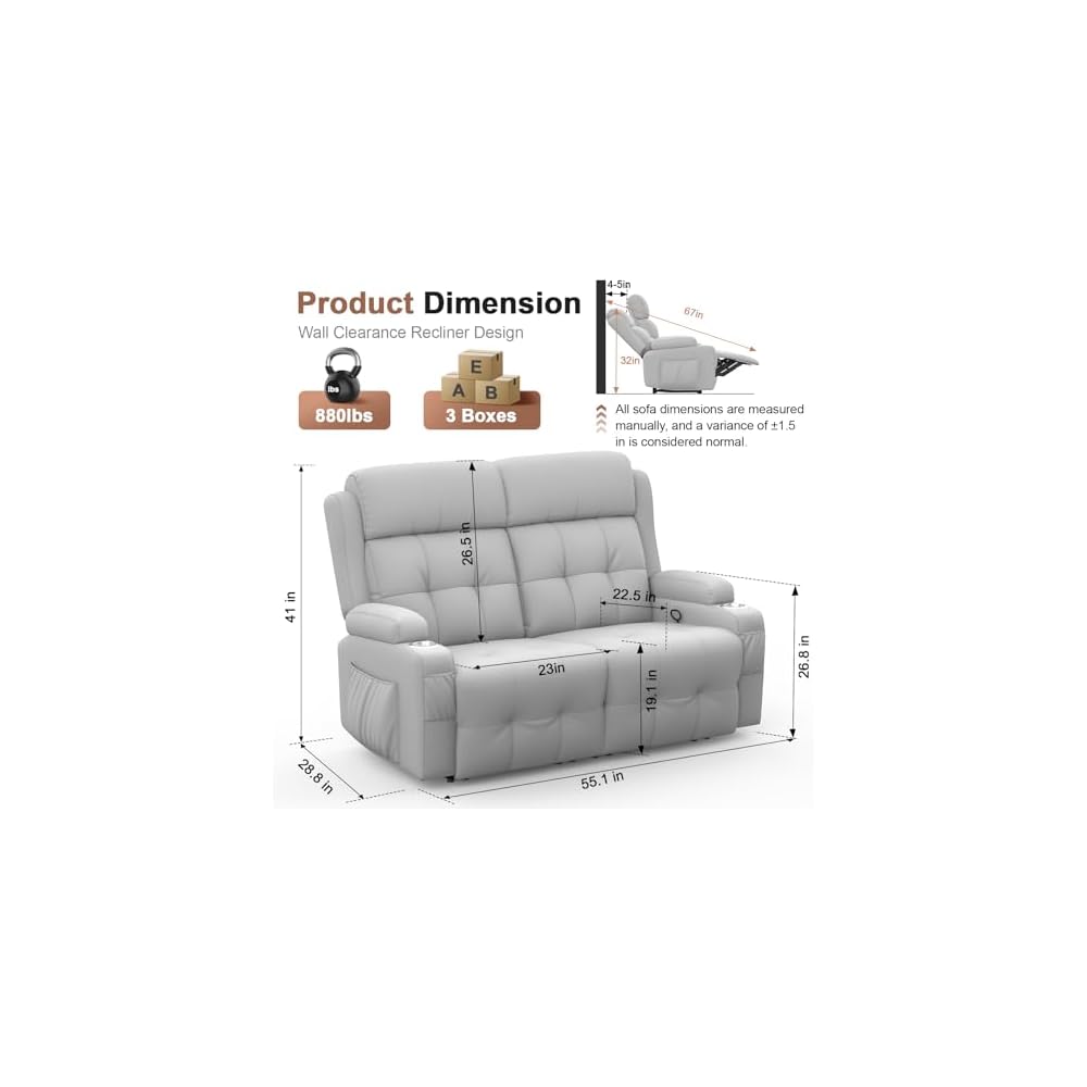 Loveseat Recliner, Oversized Massage Reclining Sofa Heavy Weight Capacity, RV Love Seat Chair Clearance with Storage, Cup Holders, Wall Hugger Couches for Living Room, Light Gray