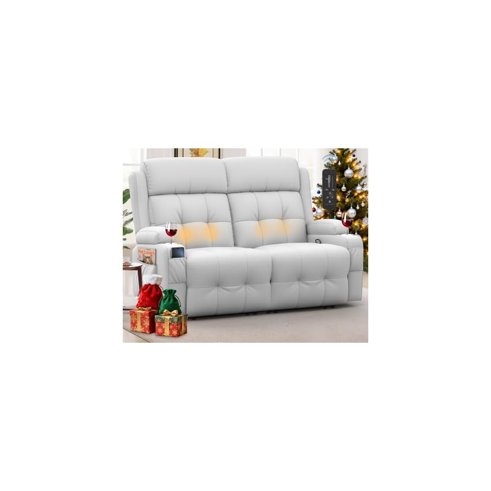 Loveseat Recliner, Oversized Massage Reclining Sofa Heavy Weight Capacity, RV Love Seat Chair Clearance with Storage, Cup Holders, Wall Hugger Couches for Living Room, Light Gray