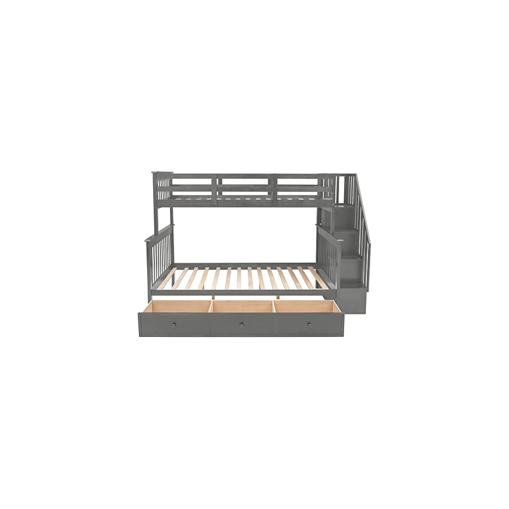 Harper & Bright Designs Wooden Bunk Bed Twin Over Full with Drawers and Storage Stairs, Stairway Bunk Bed with Full-Length Guardrails for Bedroom, Convertible to 2 Beds, No Box Spring Needed, Gray