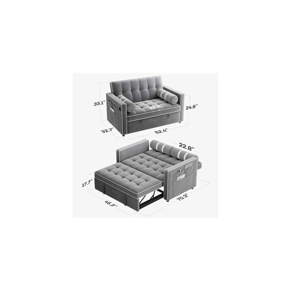 Marsail Sofa Bed, 3-in-1 Convertible Sleeper Sofa, Futon Couch with USB Charging, Side Pockets & Adjustable Backrest, Pull Out Couch for Living Room, Apartment, Loveseat, Velvet Fabric, Grey