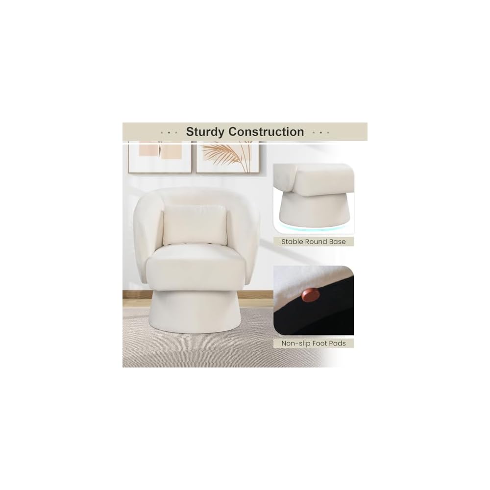 GIANTEX Swivel Accent Chair, Upholstered Barrel Chair with Curved Back & Removable Lumbar Pillow, Comfy Round Armchair with 360° Rotating Function, Single Sofa Chair for Living Room