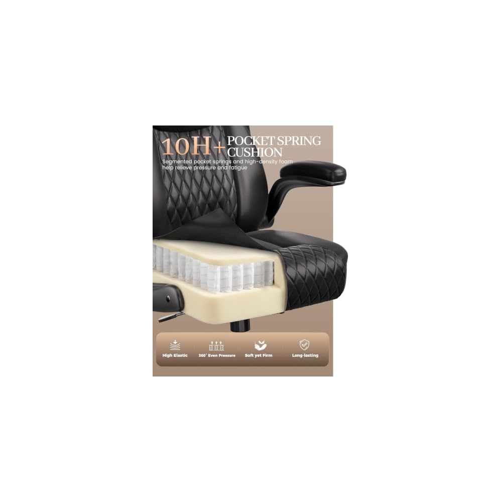 COMHOMA Mid-Back Office Chair, Ergonomic PU Desk Chair with Flip up Arms, Small Computer Gaming with Comfy Lumbar Support,Rocking Function,Sturdy Metal Base, Ink Black