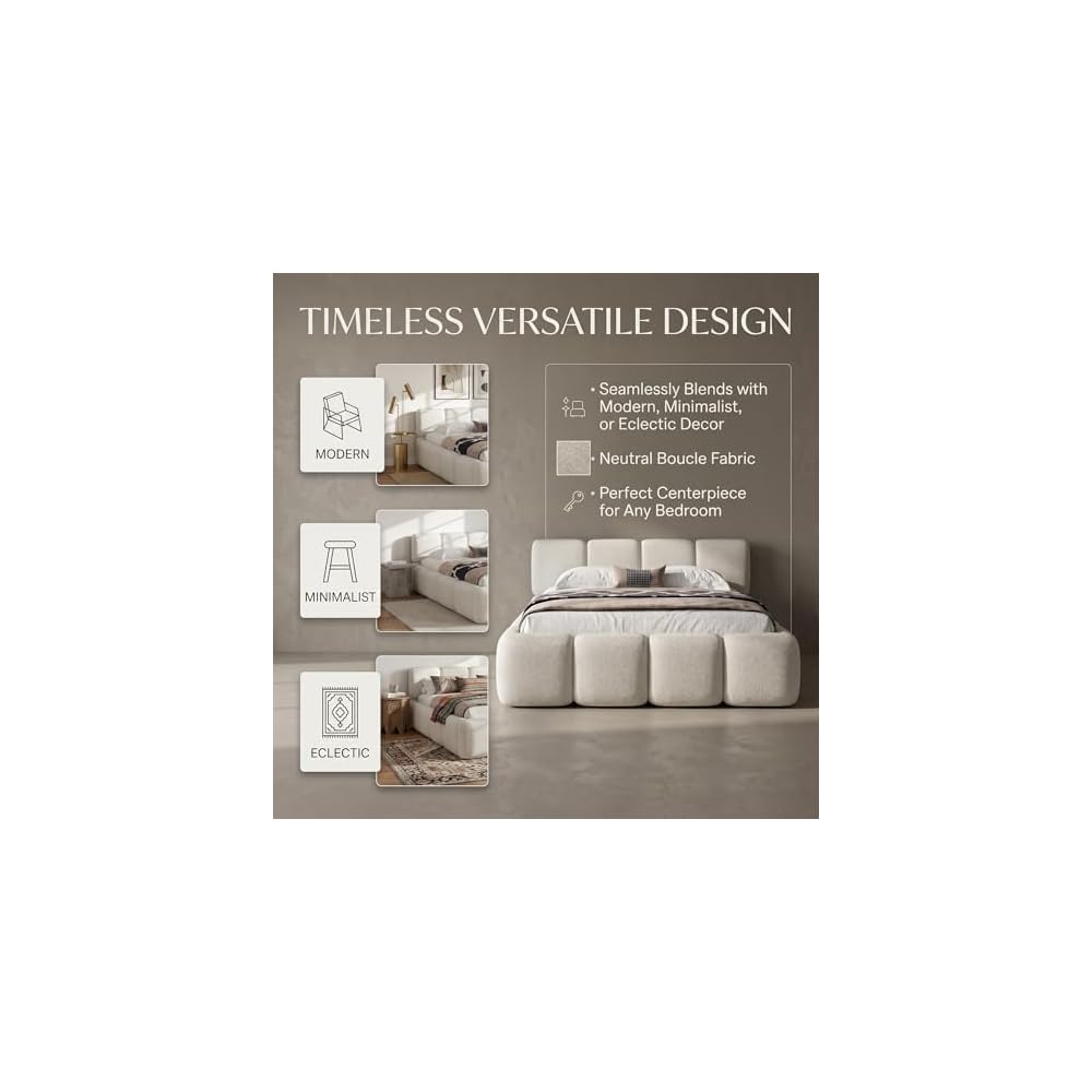 JIJIWANG King Size Platform Bed, Boucle Thick Headboard and Footboard, Upholstery Grounded Beds, Floor Bed Frame, Block Style, White