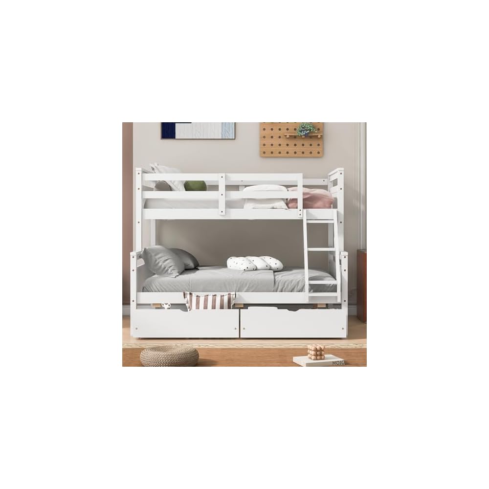 Merax Twin Over Full Bunk Bed with Two Storage Drawer, Removable Ladder and Safety Guardrail, Convertible to 2 Separated beds (White)