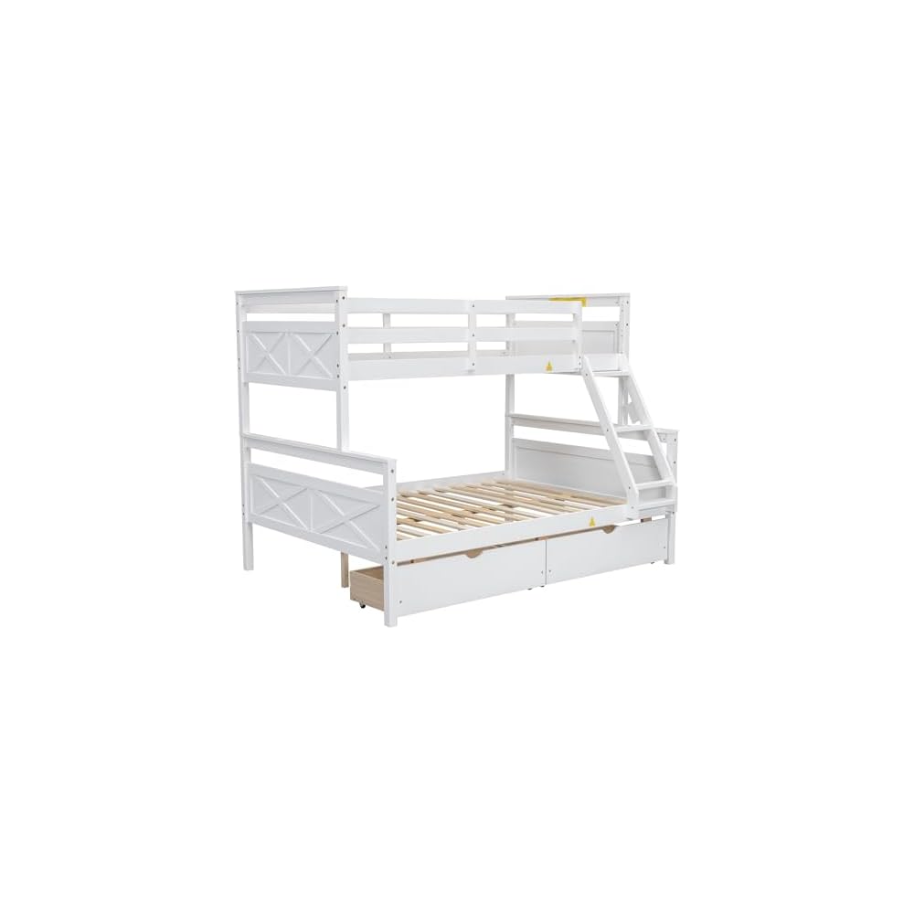 Merax Twin Over Full Bunk Bed with Two Storage Drawer, Removable Ladder and Safety Guardrail, Convertible to 2 Separated beds (White)