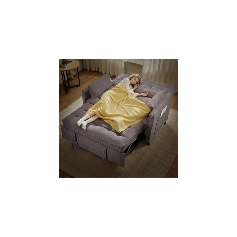 Convertible Sofa Bed, 3 in 1 Pull Out Couch, Loveseat Sleeper with Side Pocket, Sleeper Sofa with Adjustable Backrest | USB Charging Port | Two Pillows | Fabric | Light Grey