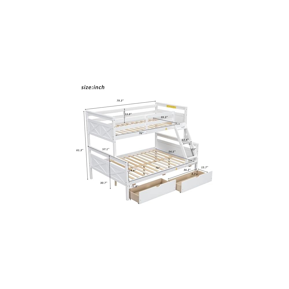 Merax Twin Over Full Bunk Bed with Two Storage Drawer, Removable Ladder and Safety Guardrail, Convertible to 2 Separated beds (White)