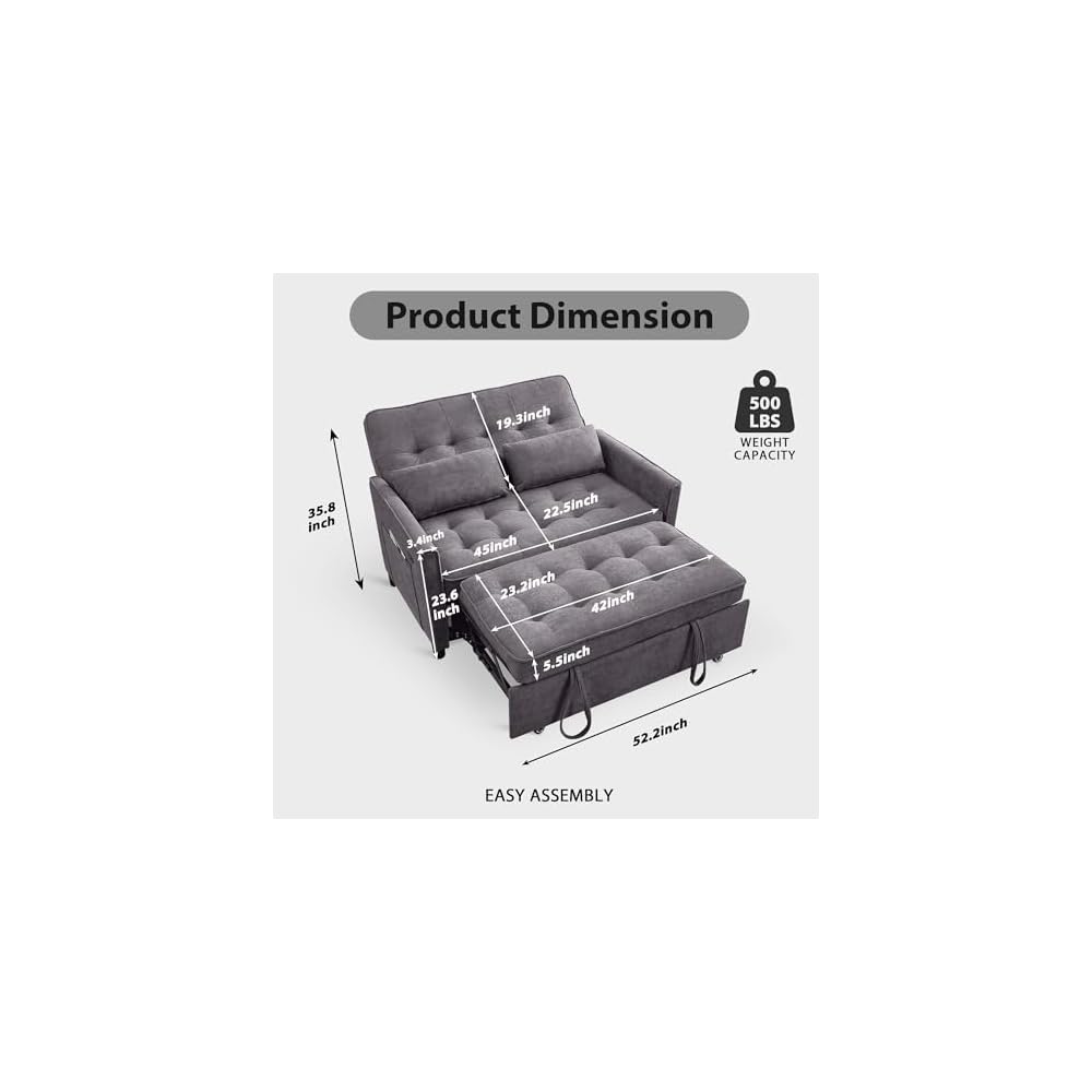Convertible Sofa Bed, 3 in 1 Pull Out Couch, Loveseat Sleeper with Side Pocket, Sleeper Sofa with Adjustable Backrest | USB Charging Port | Two Pillows | Fabric | Light Grey