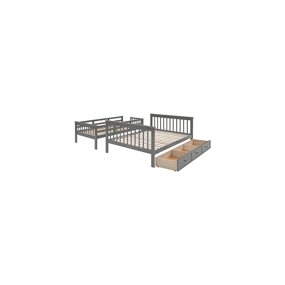 Harper & Bright Designs Wooden Bunk Bed Twin Over Full with Drawers and Storage Stairs, Stairway Bunk Bed with Full-Length Guardrails for Bedroom, Convertible to 2 Beds, No Box Spring Needed, Gray