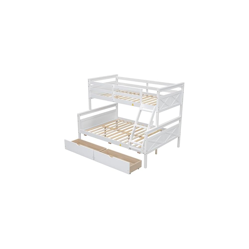 Merax Twin Over Full Bunk Bed with Two Storage Drawer, Removable Ladder and Safety Guardrail, Convertible to 2 Separated beds (White)