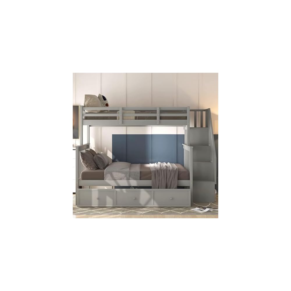 Harper & Bright Designs Wooden Bunk Bed Twin Over Full with Drawers and Storage Stairs, Stairway Bunk Bed with Full-Length Guardrails for Bedroom, Convertible to 2 Beds, No Box Spring Needed, Gray
