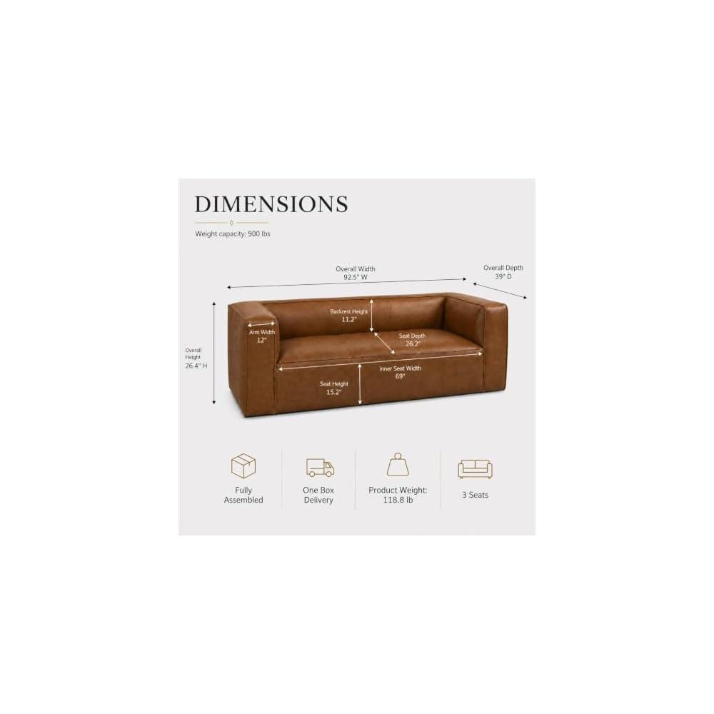 Leather Sofa, 92.5”, Solid Wood Frame, Vintage, for Living Room, Indoor Use
