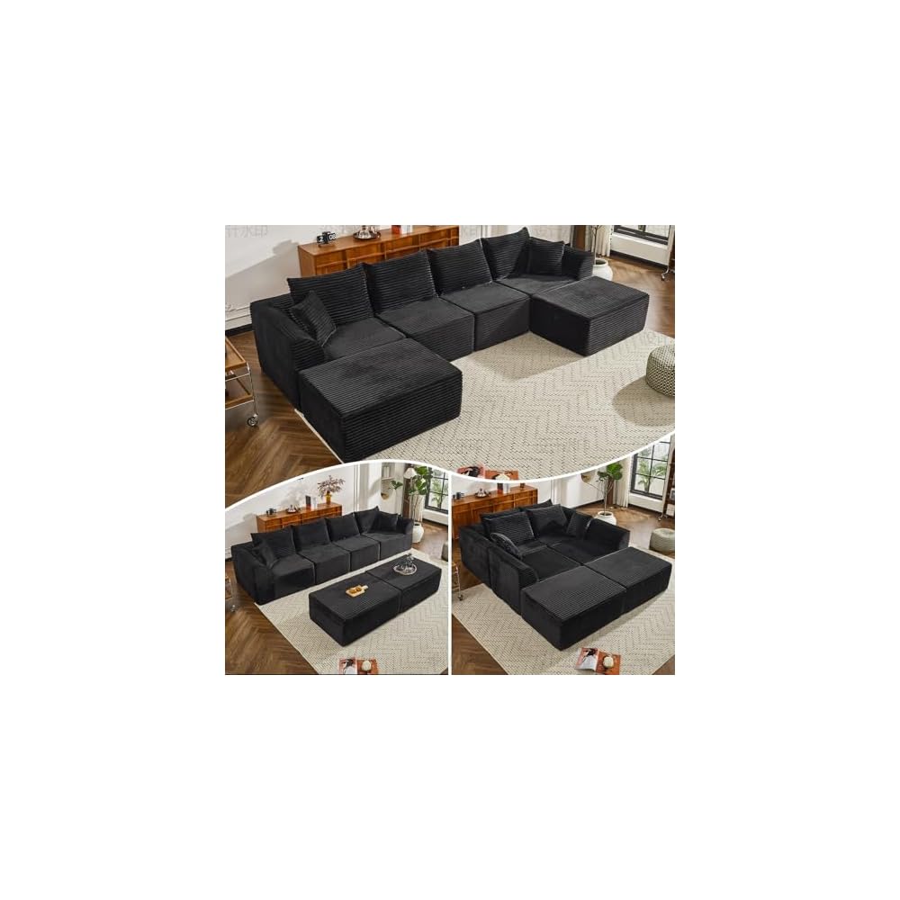 130" Sectional Couches for Living Room，U Shaped Cloud Couch Modular Sectional Sofa ，Modern Fabric Boneless Couch with Deep Seat，6 Seater Corduroy Couches, No Assembly Required