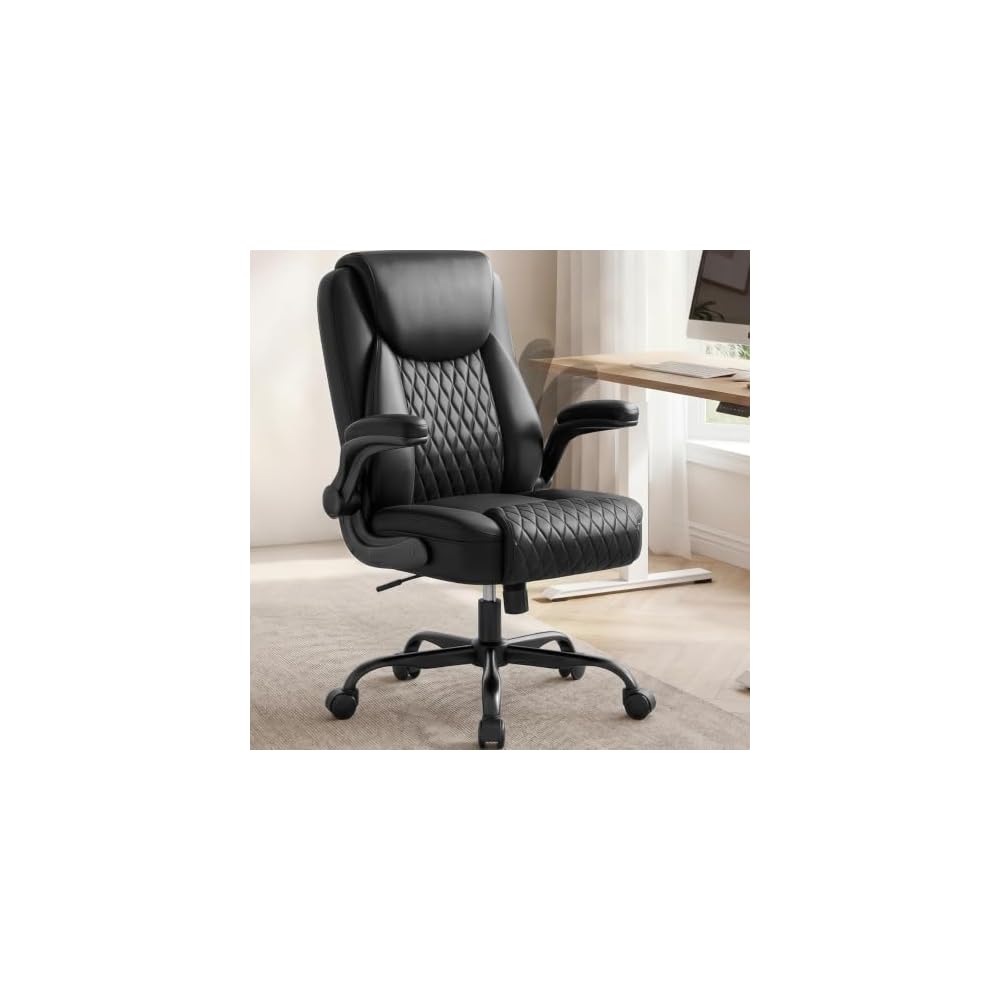 COMHOMA Mid-Back Office Chair, Ergonomic PU Desk Chair with Flip up Arms, Small Computer Gaming with Comfy Lumbar Support,Rocking Function,Sturdy Metal Base, Ink Black