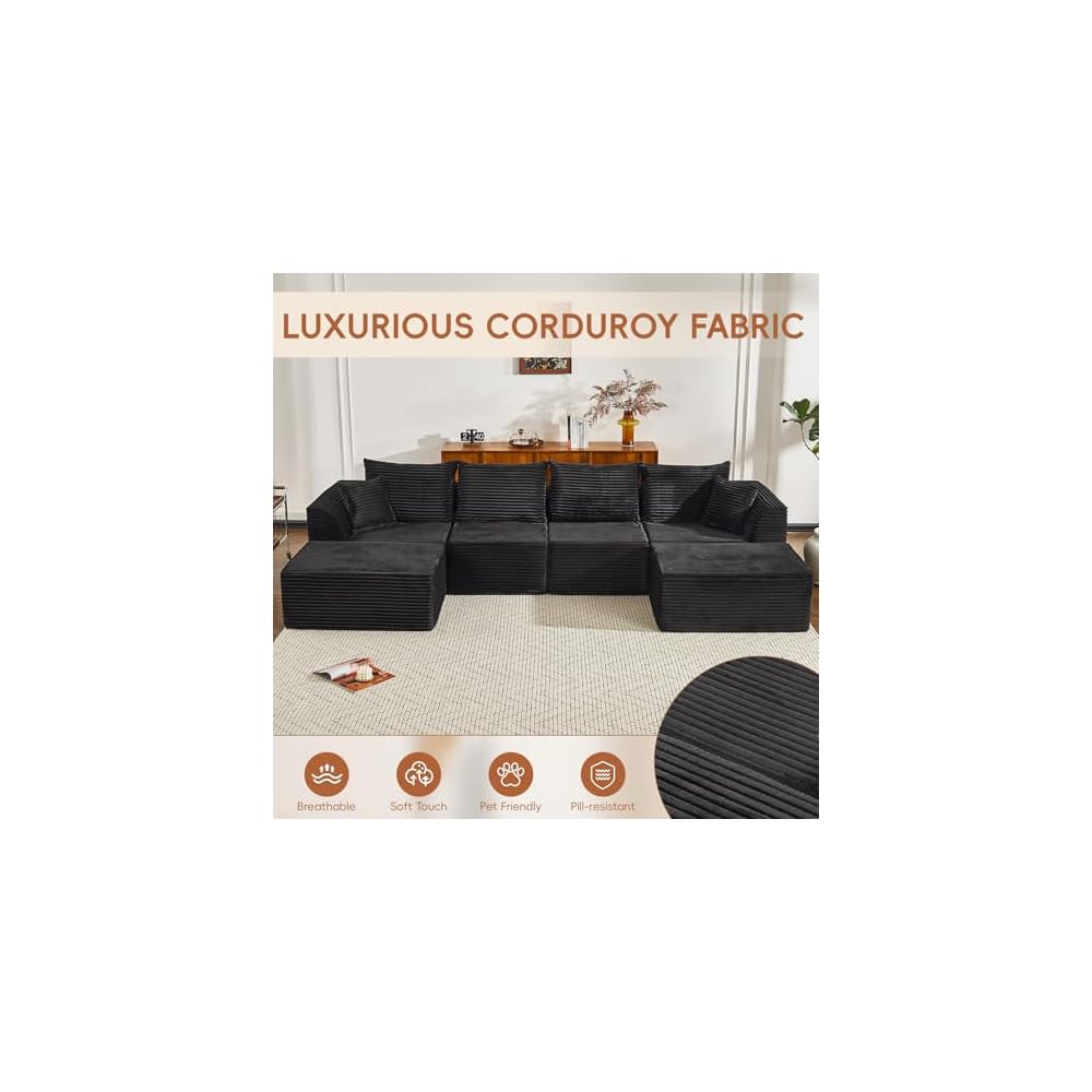 130" Sectional Couches for Living Room，U Shaped Cloud Couch Modular Sectional Sofa ，Modern Fabric Boneless Couch with Deep Seat，6 Seater Corduroy Couches, No Assembly Required