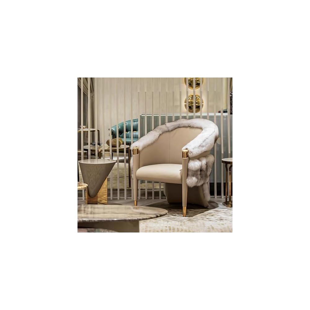 Luxury Faux Fur Accent Chair with Upholstered Leather Seat & Gold Metal Legs, Modern Dining Lounge Chair for Living Room, Bedroom, Vanity & Hotel Seating