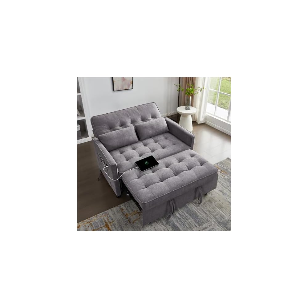 Convertible Sofa Bed, 3 in 1 Pull Out Couch, Loveseat Sleeper with Side Pocket, Sleeper Sofa with Adjustable Backrest | USB Charging Port | Two Pillows | Fabric | Light Grey