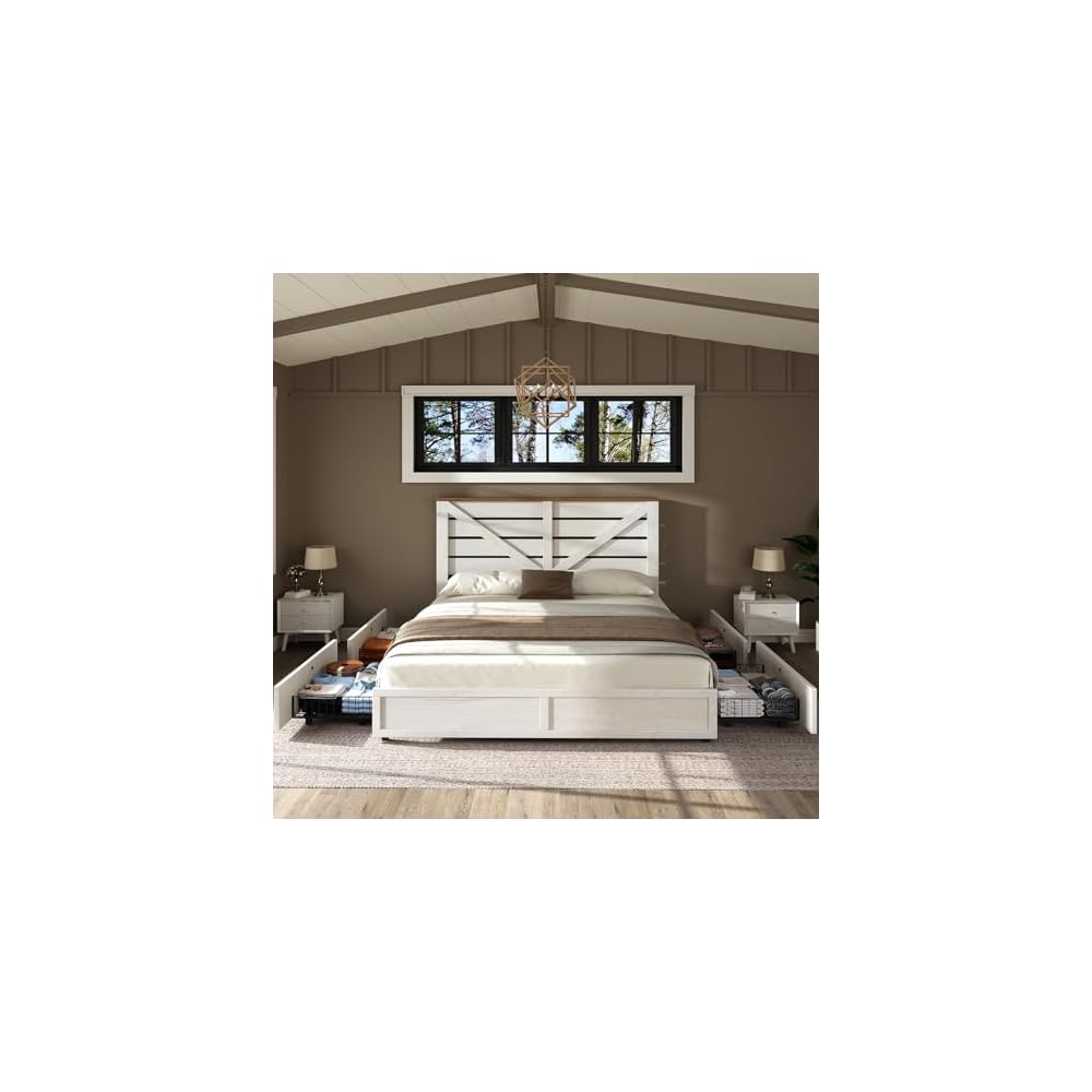 AMERLIFE Full Size Farmhouse Bed Frame with 4 Drawers & Barn Door Headboard