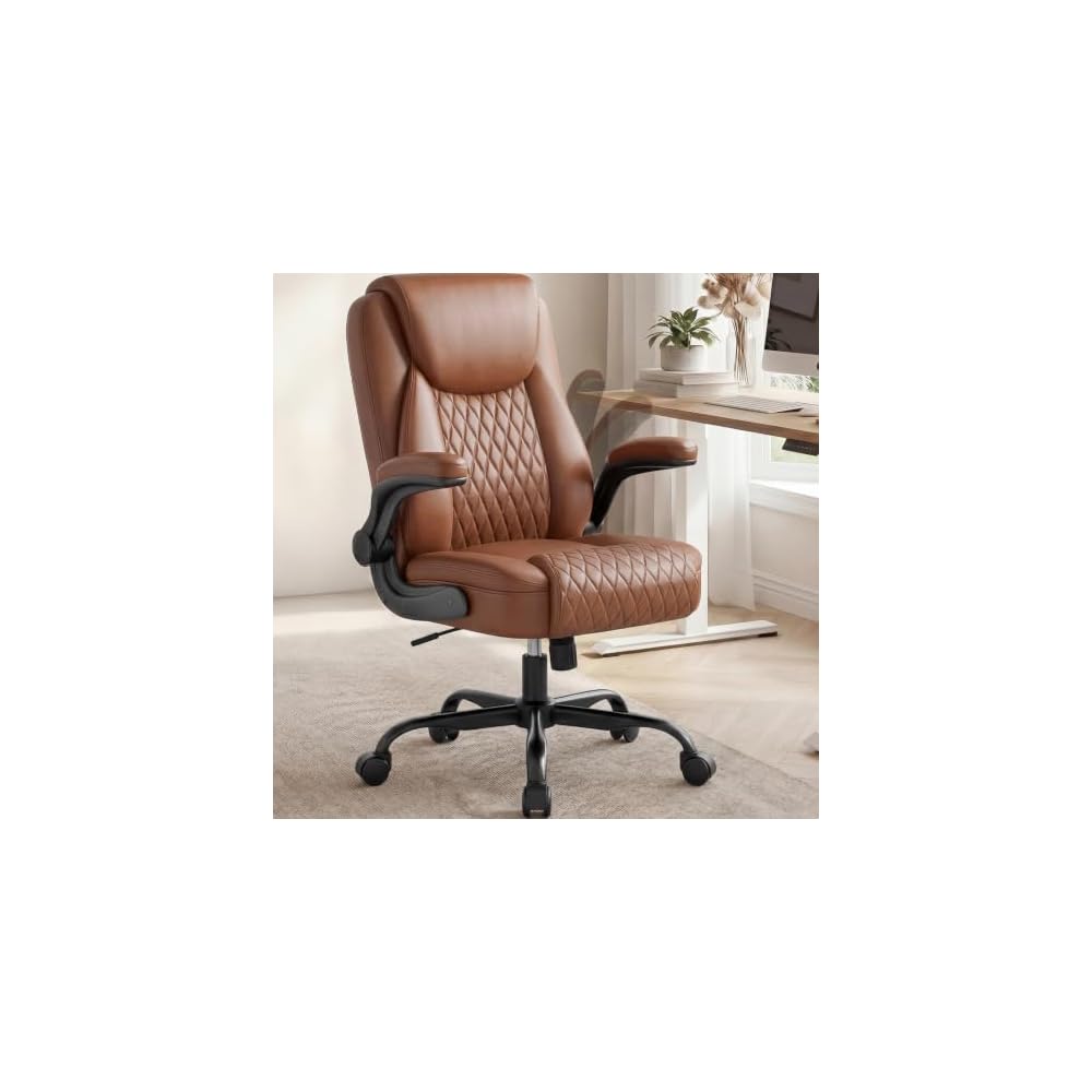 COMHOMA Mid-Back Office Chair, Ergonomic PU Desk Chair with Flip up Arms, Small Computer Gaming with Comfy Lumbar Support,Rocking Function,Sturdy Metal Base, Ink Black