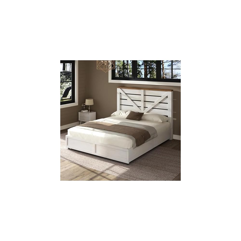 AMERLIFE Full Size Farmhouse Bed Frame with 4 Drawers & Barn Door Headboard