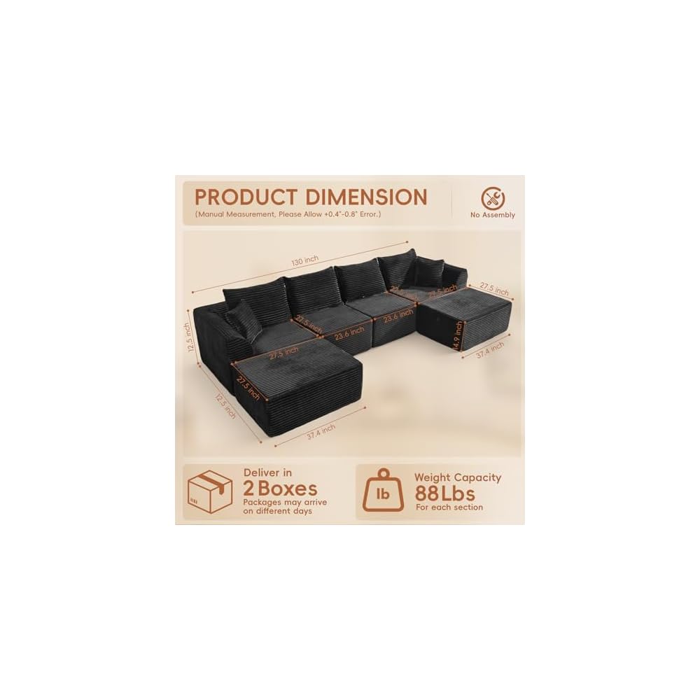 130" Sectional Couches for Living Room，U Shaped Cloud Couch Modular Sectional Sofa ，Modern Fabric Boneless Couch with Deep Seat，6 Seater Corduroy Couches, No Assembly Required