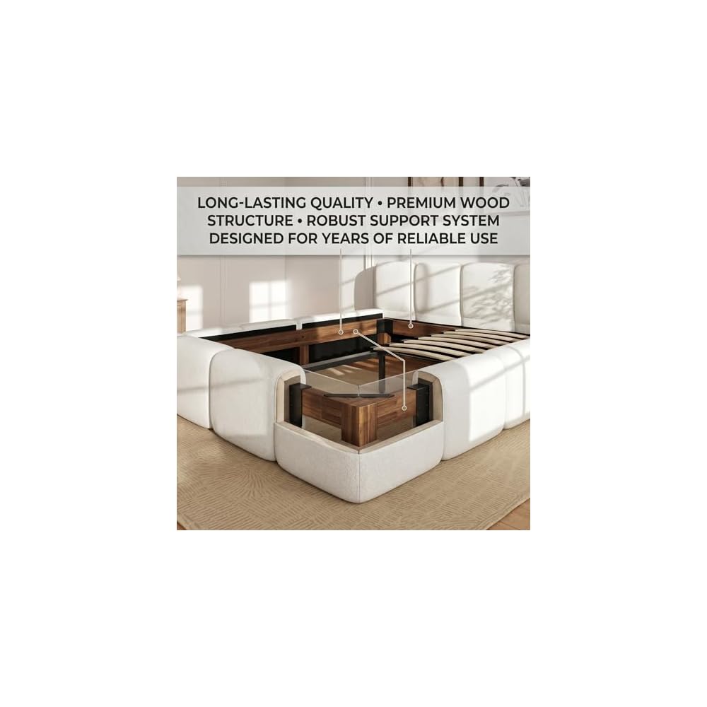 JIJIWANG King Size Platform Bed, Boucle Thick Headboard and Footboard, Upholstery Grounded Beds, Floor Bed Frame, Block Style, White