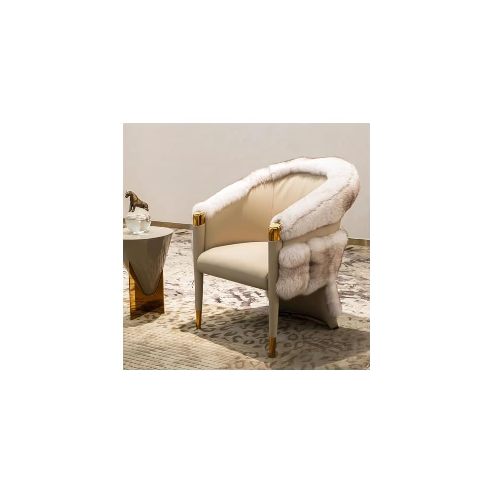 Luxury Faux Fur Accent Chair with Upholstered Leather Seat & Gold Metal Legs, Modern Dining Lounge Chair for Living Room, Bedroom, Vanity & Hotel Seating