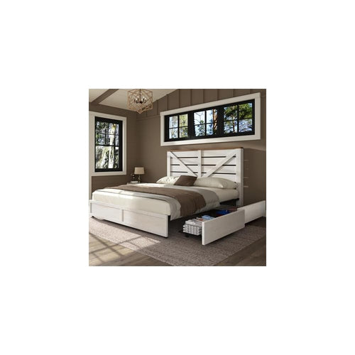 AMERLIFE Full Size Farmhouse Bed Frame with 4 Drawers & Barn Door Headboard