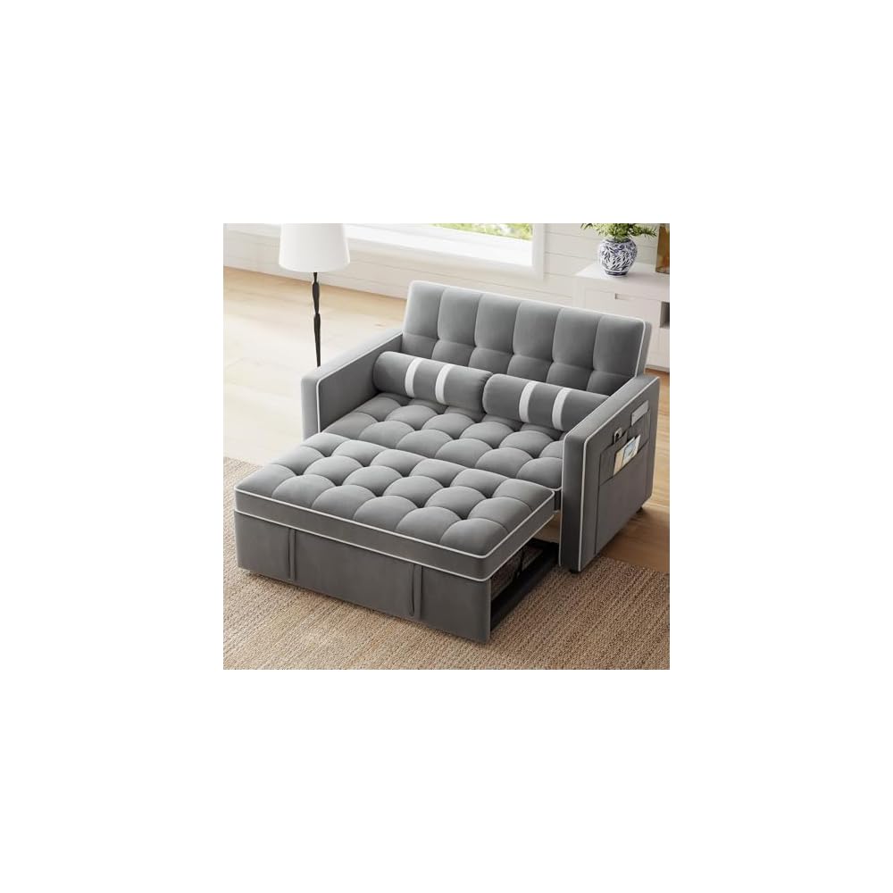 Marsail Sofa Bed, 3-in-1 Convertible Sleeper Sofa, Futon Couch with USB Charging, Side Pockets & Adjustable Backrest, Pull Out Couch for Living Room, Apartment, Loveseat, Velvet Fabric, Grey