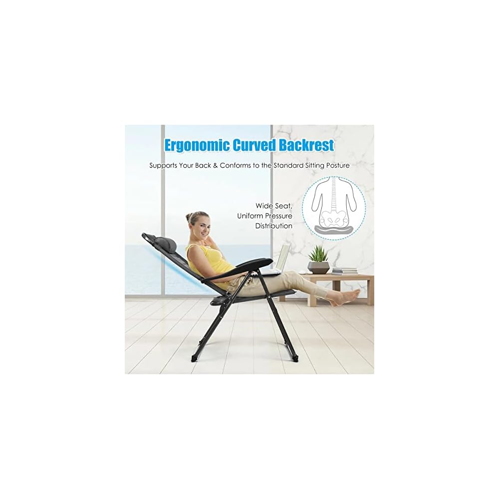 2 Piece Folding Chair Adjustable Recliner with Headrest Garden Gray