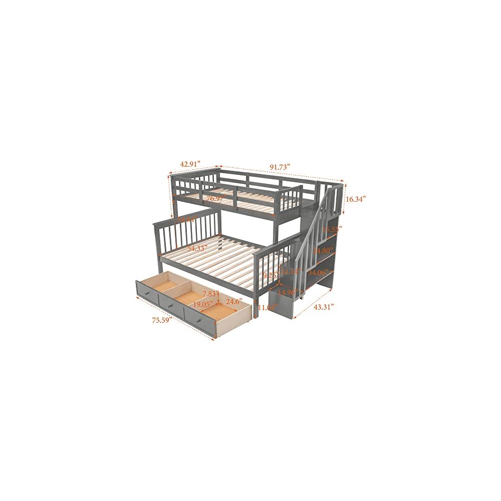 Harper & Bright Designs Wooden Bunk Bed Twin Over Full with Drawers and Storage Stairs, Stairway Bunk Bed with Full-Length Guardrails for Bedroom, Convertible to 2 Beds, No Box Spring Needed, Gray