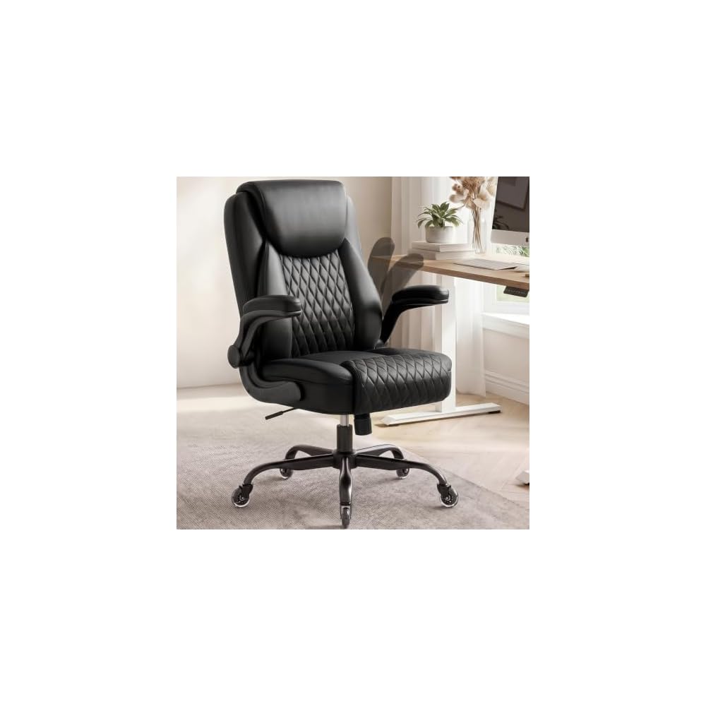 COMHOMA Mid-Back Office Chair, Ergonomic PU Desk Chair with Flip up Arms, Small Computer Gaming with Comfy Lumbar Support,Rocking Function,Sturdy Metal Base, Ink Black
