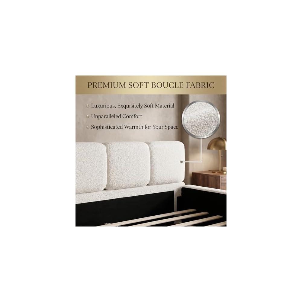 JIJIWANG King Size Platform Bed, Boucle Thick Headboard and Footboard, Upholstery Grounded Beds, Floor Bed Frame, Block Style, White