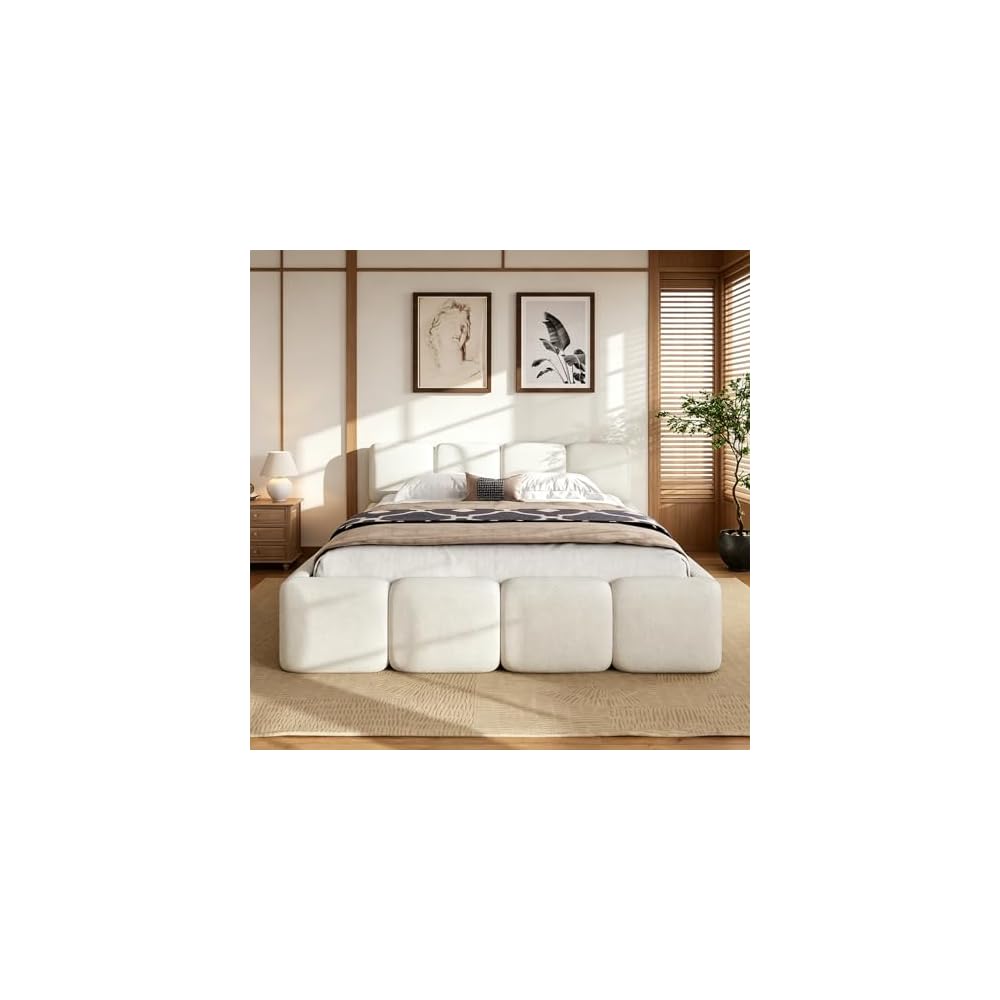 JIJIWANG King Size Platform Bed, Boucle Thick Headboard and Footboard, Upholstery Grounded Beds, Floor Bed Frame, Block Style, White